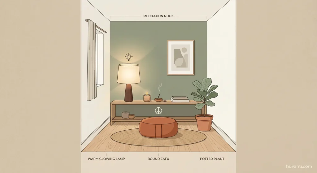 A high-quality diagram showing a peaceful bedroom meditation nook layout in a corner.