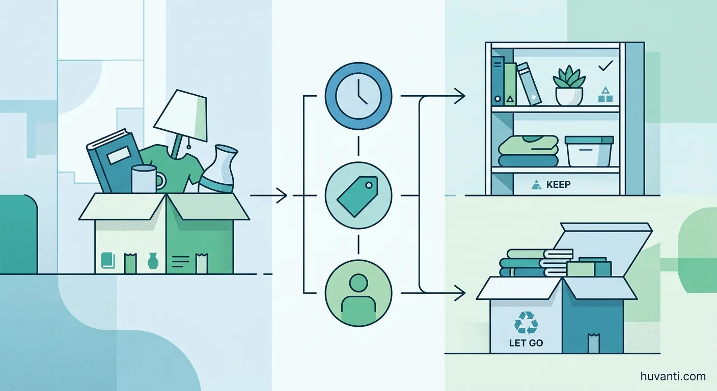 A clean diagram showing a 5-question decision filter for decluttering items without guilt.