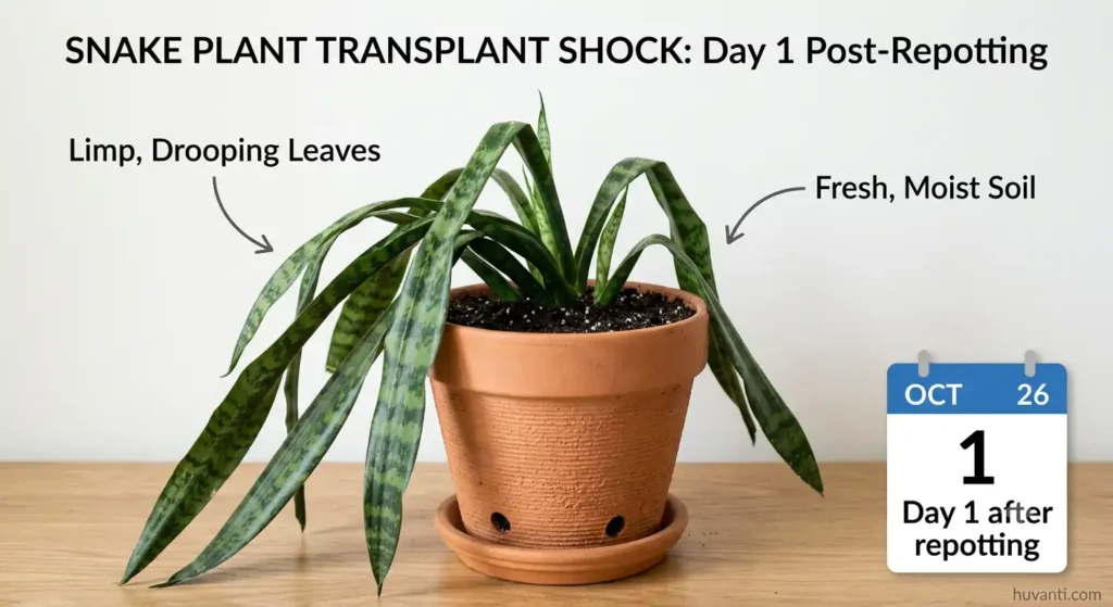 A potted snake plant with drooping leaves leaning outward after being repotted