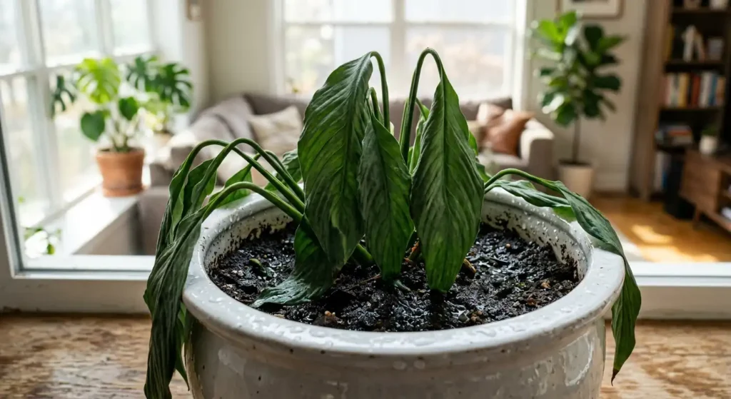 A drooping peace lily houseplant in a white pot with dark, wet soil, illustrating the signs of overwatering and root rot.