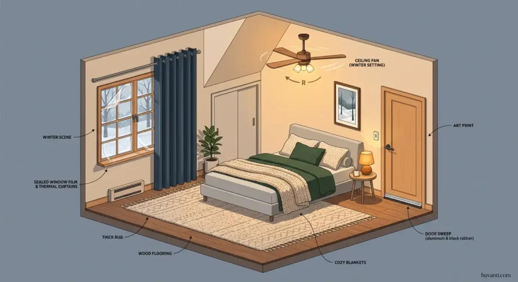 Diagram showing cheap ways to warm a room including sealed windows, thermal curtains, and a reversed ceiling fan.