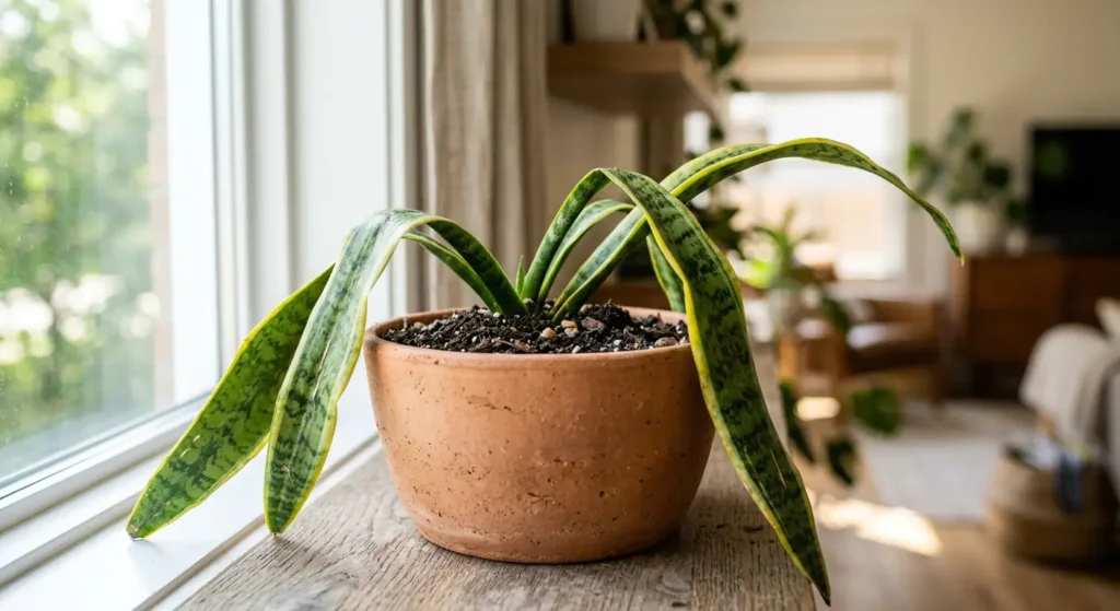 A snake plant drooping after repotting in a terracotta pot with fresh soil, showing signs of transplant stress.