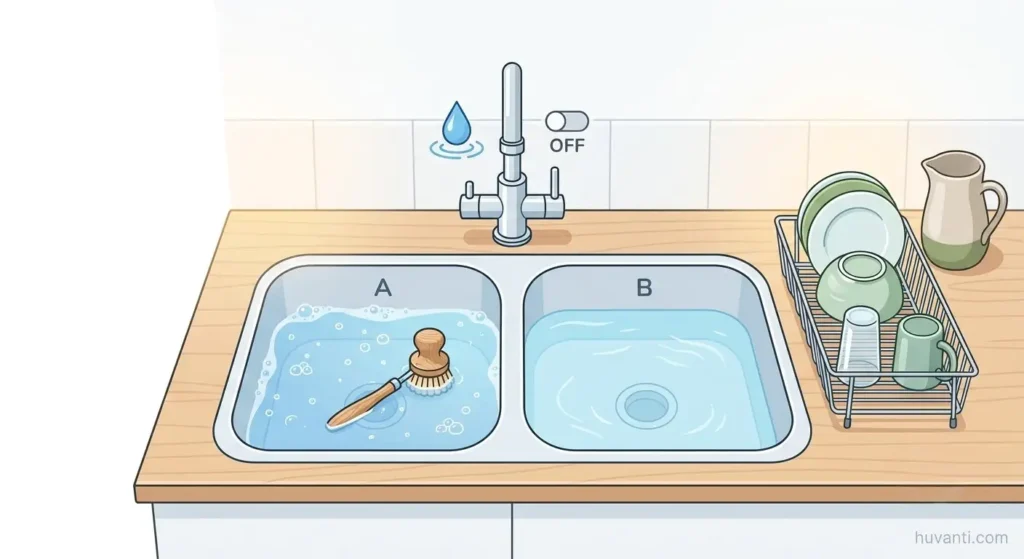 A diagram showing a two-basin sink setup for eco-friendly hand washing dishes.