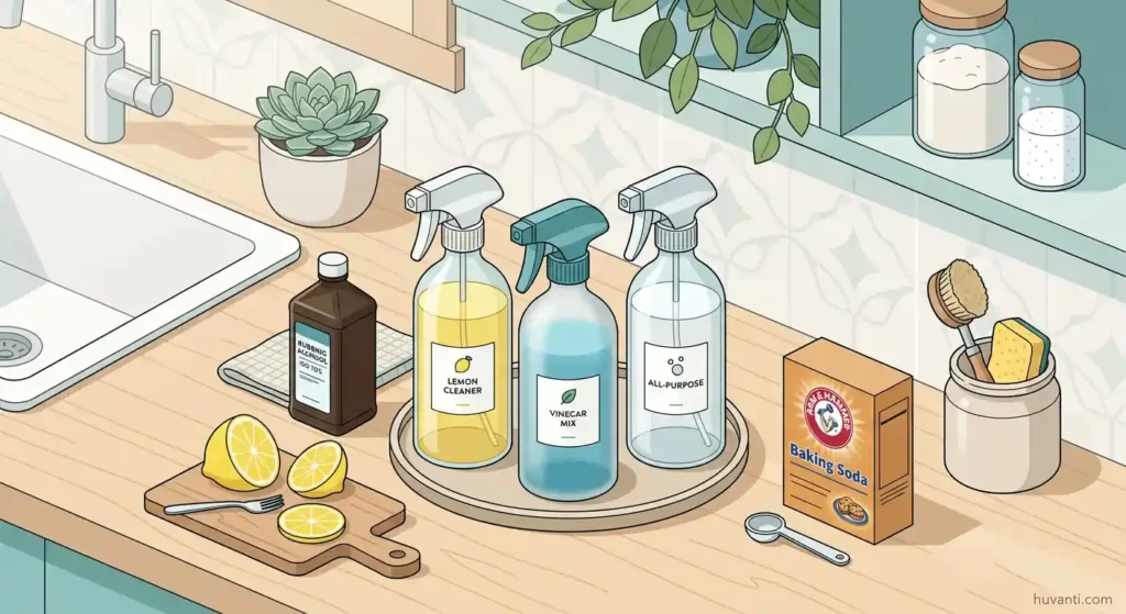 Diagram showing ingredients and bottles for homemade vinegar-free cleaning sprays.