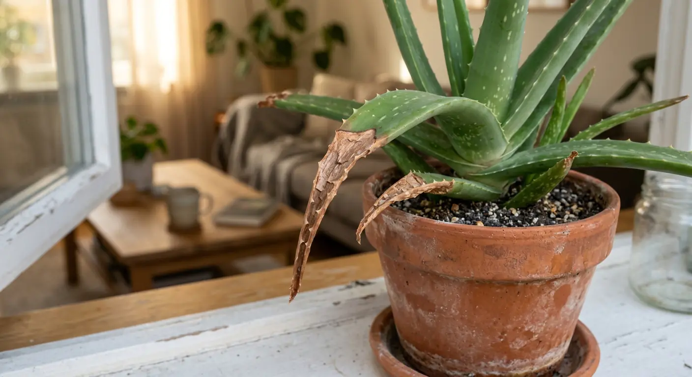 Close up of an aloe vera turning brown at tips in a terracotta pot, showing dry, crispy leaf ends caused by stress.