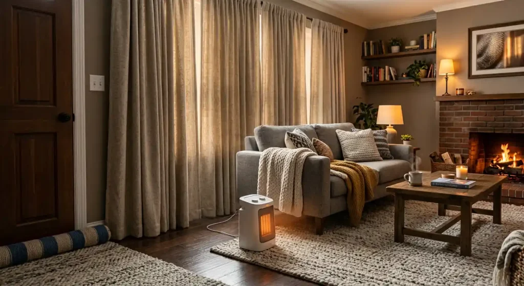 A cozy room featuring cheap ways to warm up a room, including thermal curtains, a thick rug, and a small space heater.