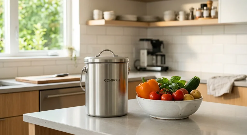 A small countertop bin filled with vegetable scraps, illustrating how to start composting in an apartment without a balcony.