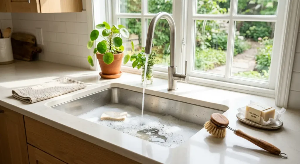 A kitchen sink with a basin of soapy water and a wooden dish brush, illustrating eco friendly ways to wash dishes by hand.