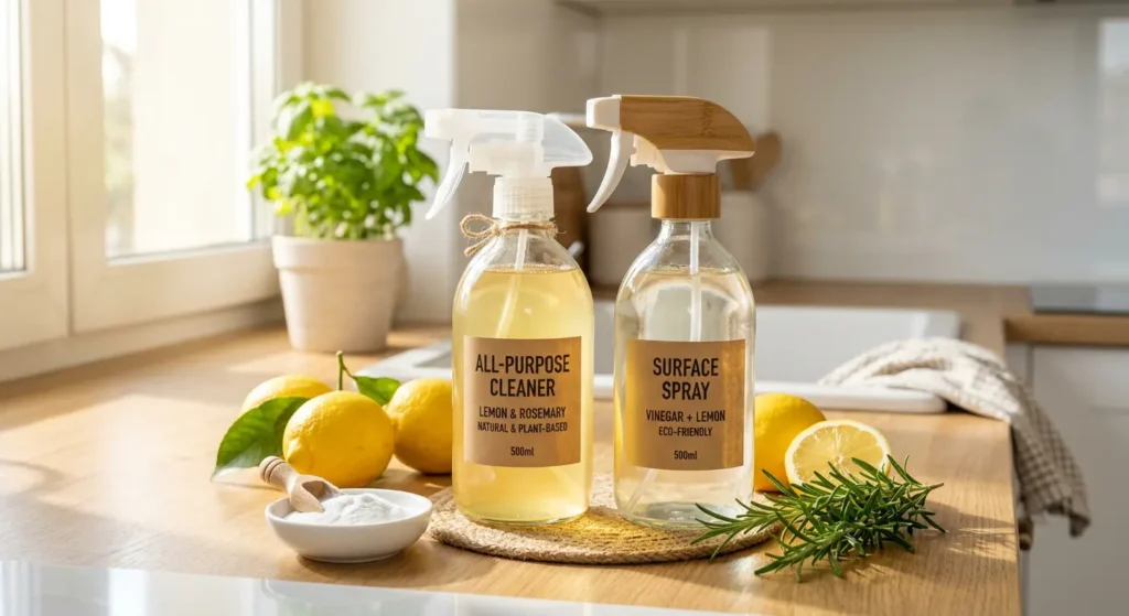 A glass spray bottle filled with a homemade cleaning spray without vinegar sitting on a kitchen counter next to lemons.