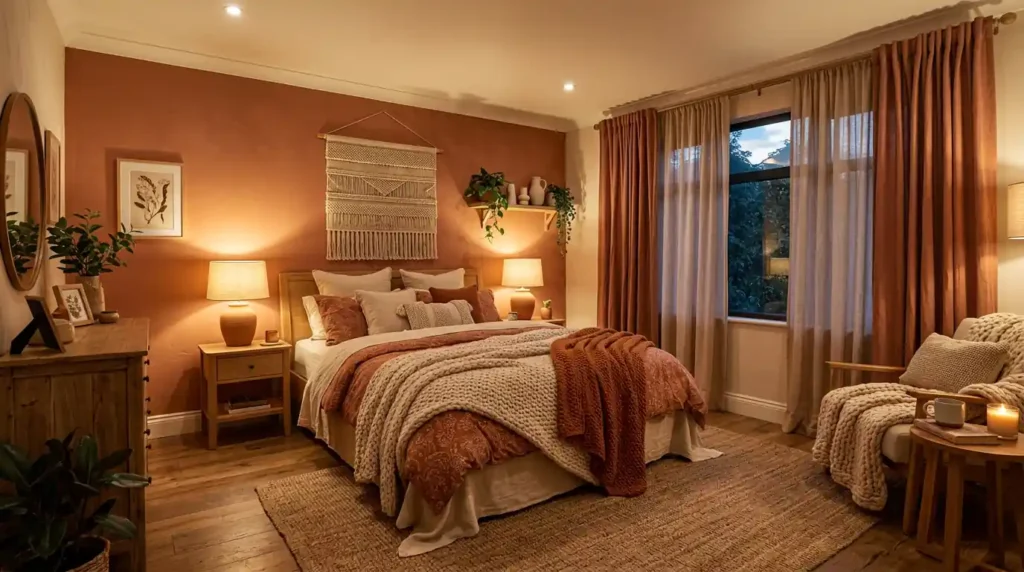 A warm and inviting bedroom with layered lighting and textured blankets, illustrating how to create cozy bedroom atmosphere on a budget.