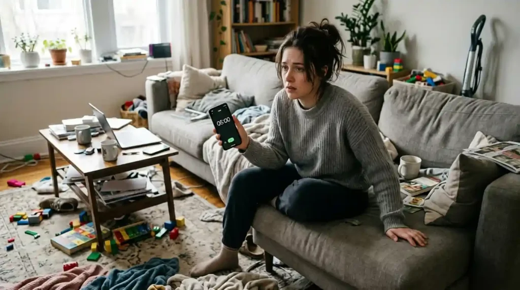 A person sitting on a couch looking at a 5 minute timer on their phone, illustrating how to declutter when you have no motivation.
