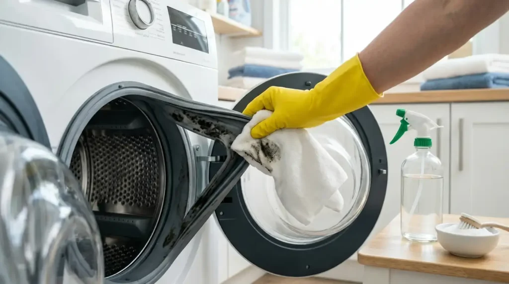 A person wiping the rubber door gasket to demonstrate how to get mold smell out of a front load washer using a microfiber cloth.