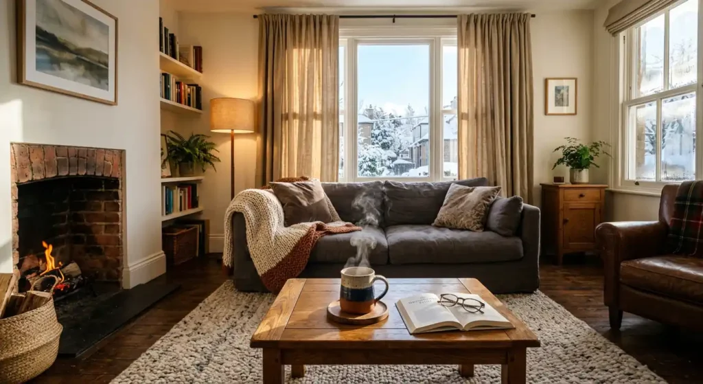 A cozy apartment living room with heavy curtains and sunlight, illustrating how to keep apartment warm without heating.