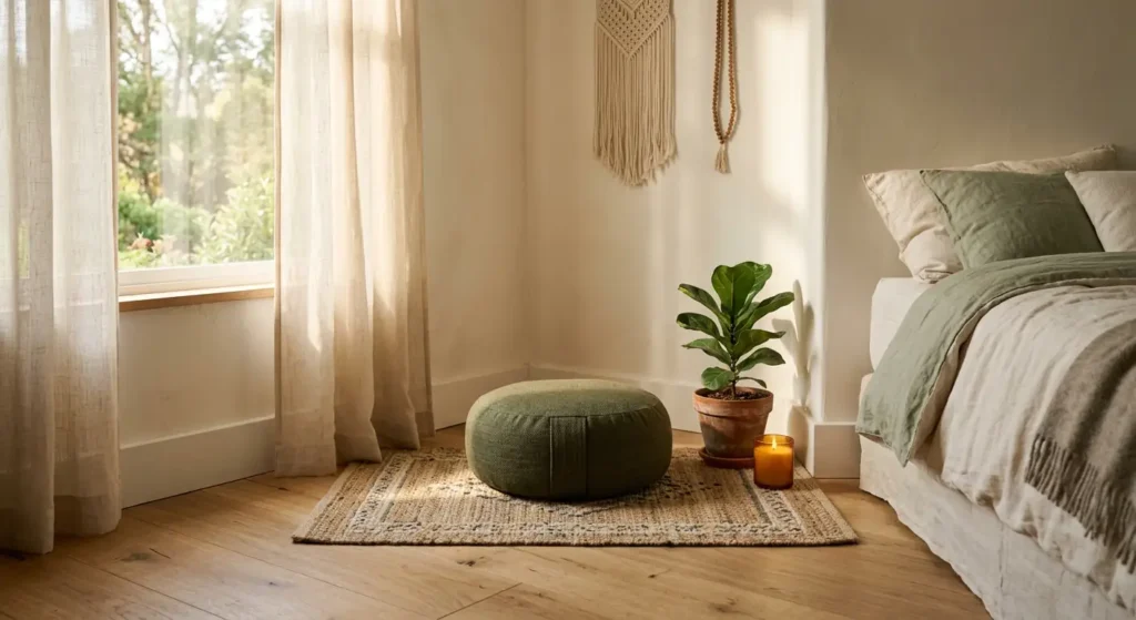 A peaceful corner with a floor cushion, plant, and candle by a window, illustrating how to make meditation space in bedroom.
