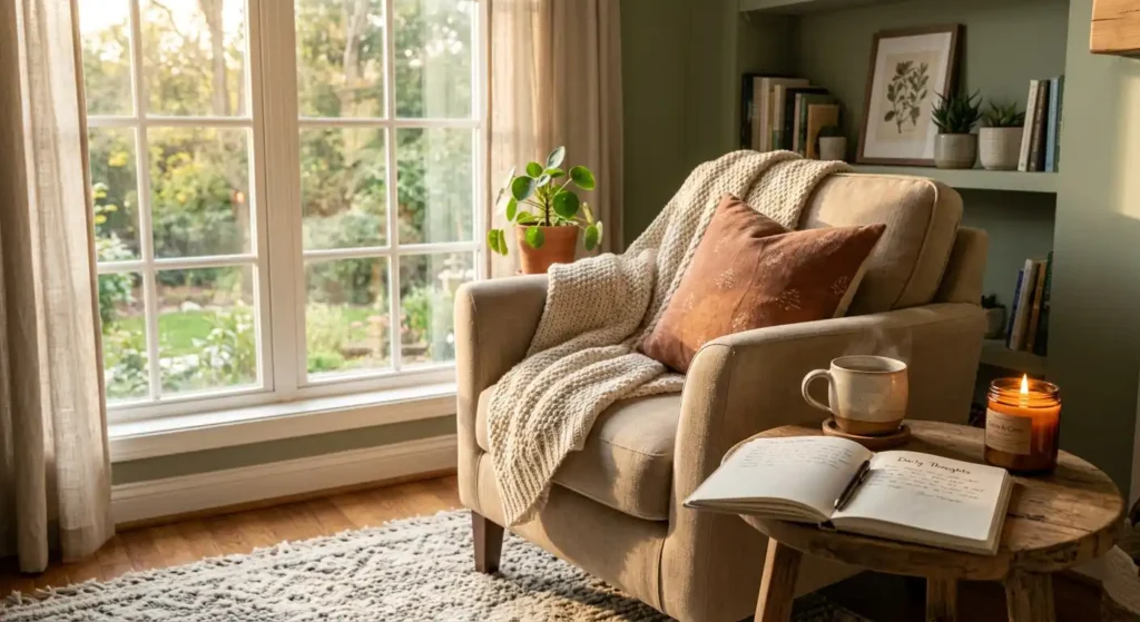 A cozy reading chair with tea and a journal by a window, illustrating how to make self care routine at home.