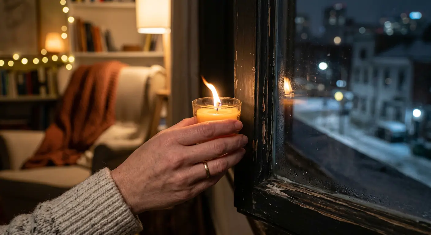 A hand holding a lit candle near a drafty window frame to illustrate how to stop drafts around windows in an apartment.