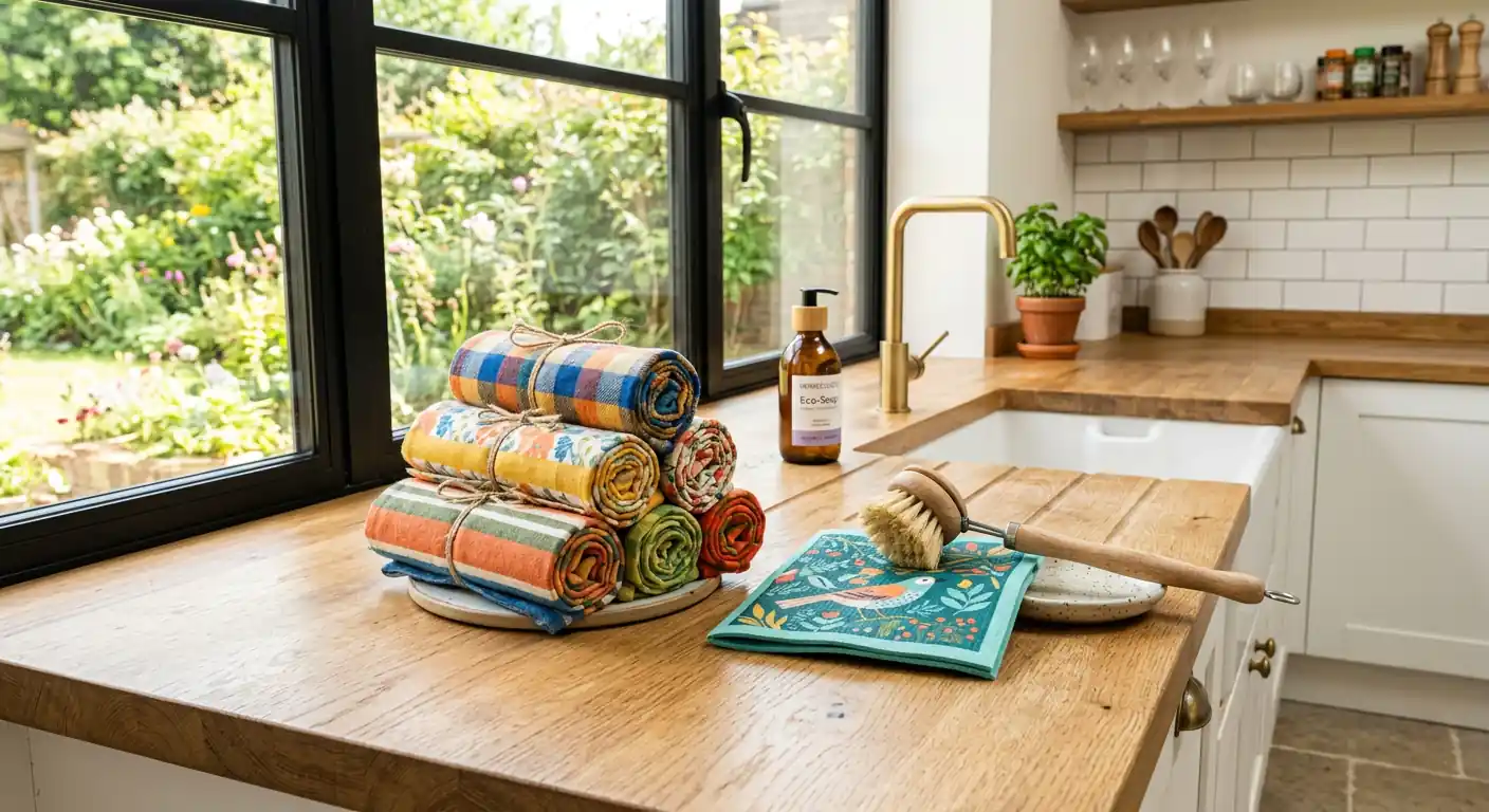 A stack of rolled unpaper towels and a Swedish dishcloth on a counter, illustrating the best reusable alternatives to paper towels in the kitchen.