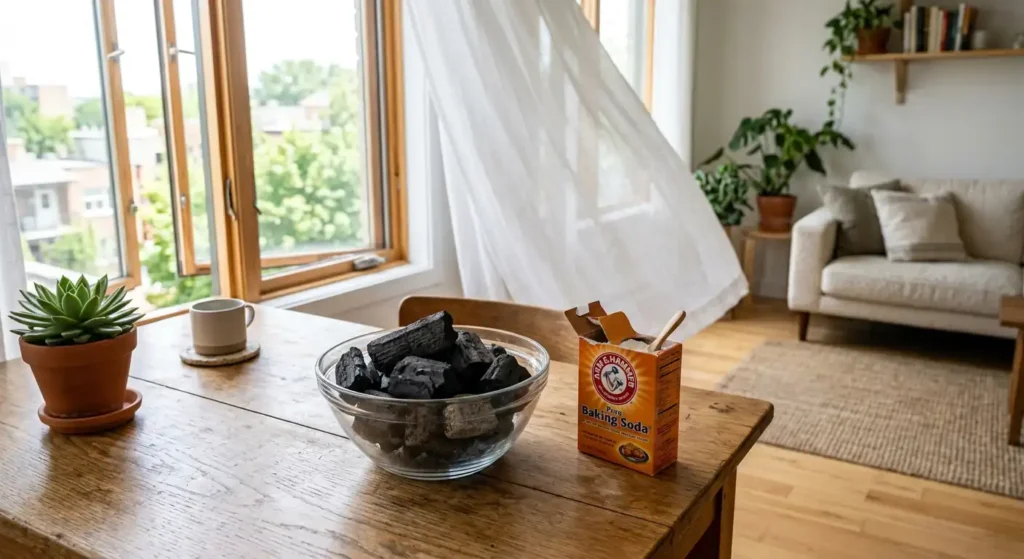A bowl of charcoal briquettes and baking soda on a table near an open window, illustrating how to reduce humidity in apartment naturally.