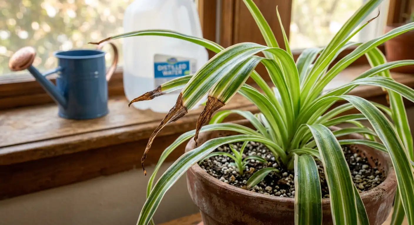 Close up of a spider plant with crispy brown leaf tips sitting near a jug of distilled water, illustrating spider plant brown tips even with distilled water.